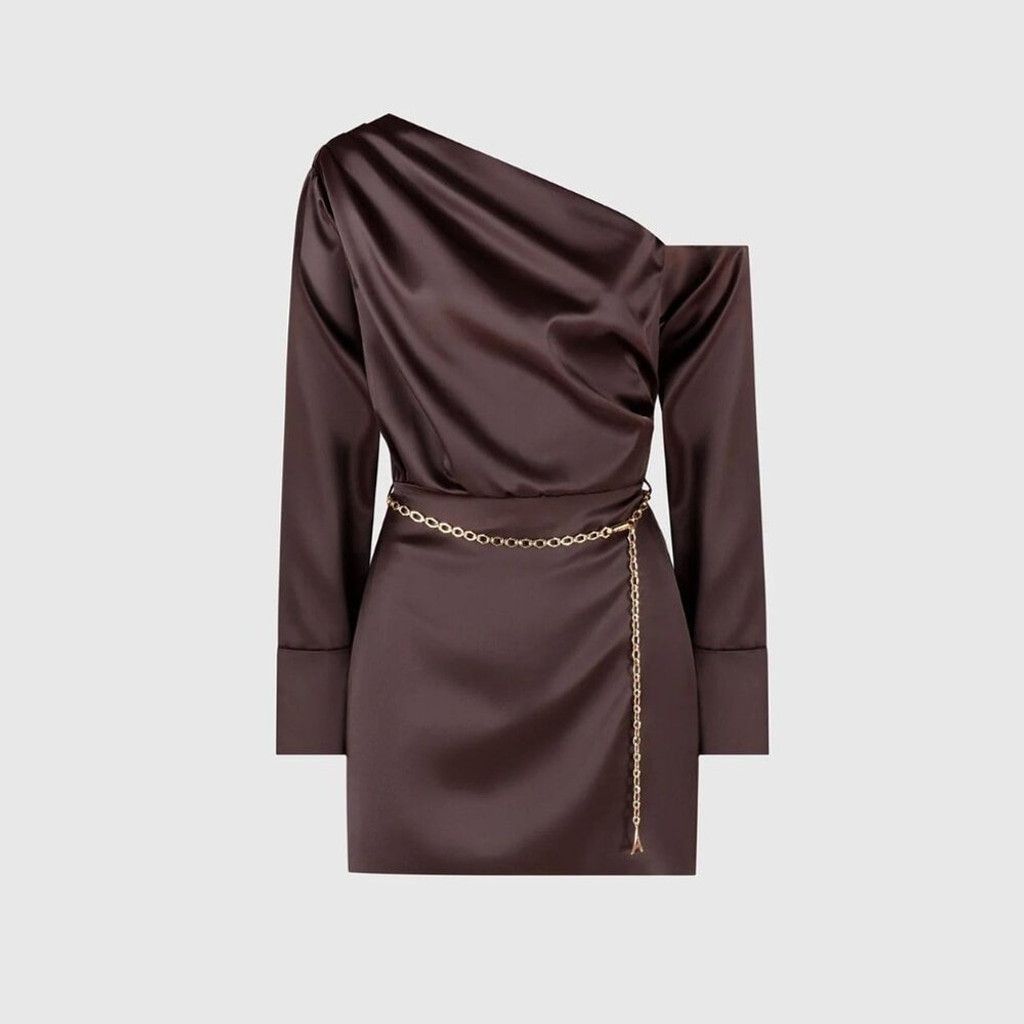 Maniere De Vior NEW Manière De Voir Brown Off Shoulder Satin Dress EU 42 Size L / US 10 / IT 46 - 4 Thumbnail
