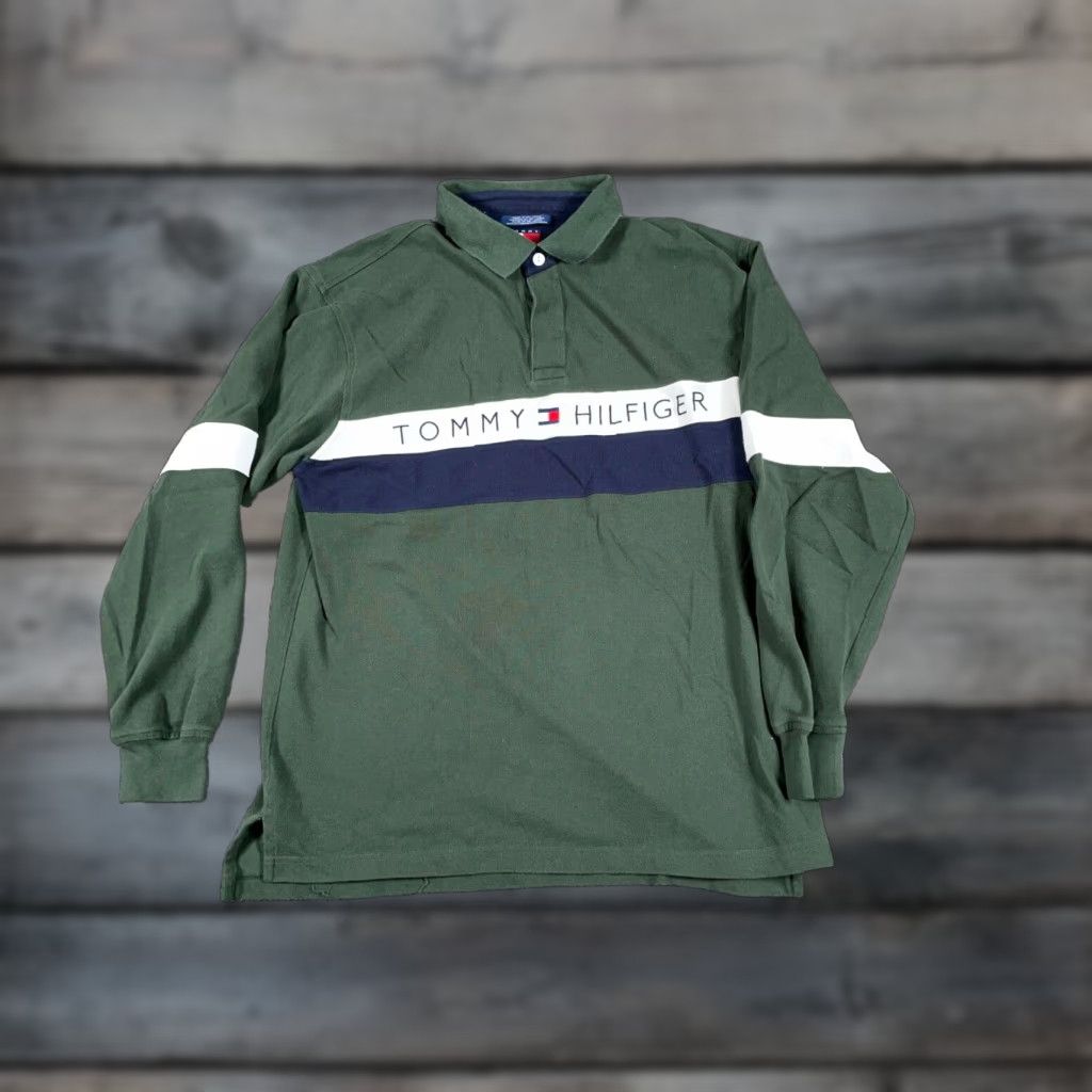 Tommy Hilfiger VINTAGE Tommy Hilfiger Polo Shirt Mens Large Striped Green Blue Logo Embroidered 90s Hipster Retro Polo Shirt Adult Large Mens Size US L / EU 52-54 / 3 - 1 Thumbnail