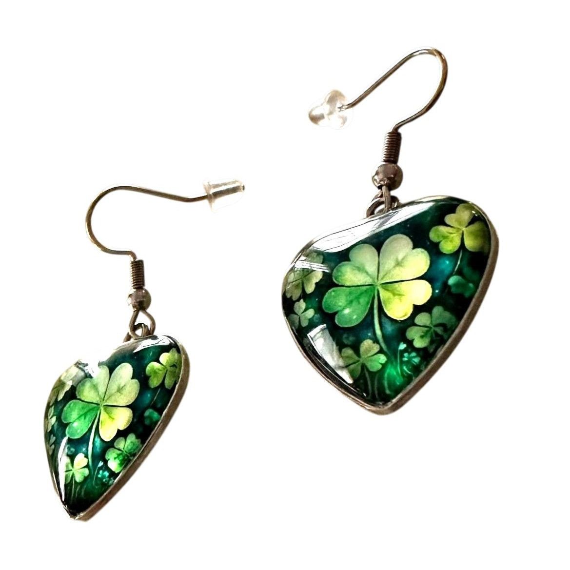 Handmade Shamrock Earrings St Patricks Day Clover Heart Shaped Dangle Size ONE SIZE - 6 Thumbnail