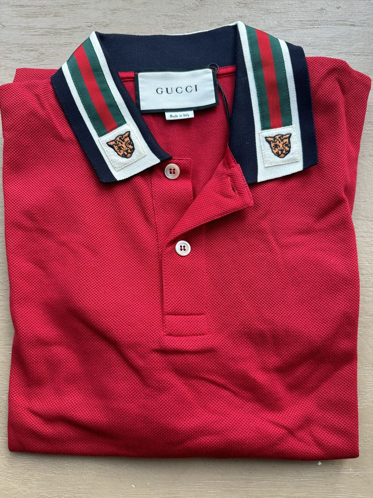 Men's GUCCI Stripe Webbing Embroidered Tiger Head Red Polo Shirt