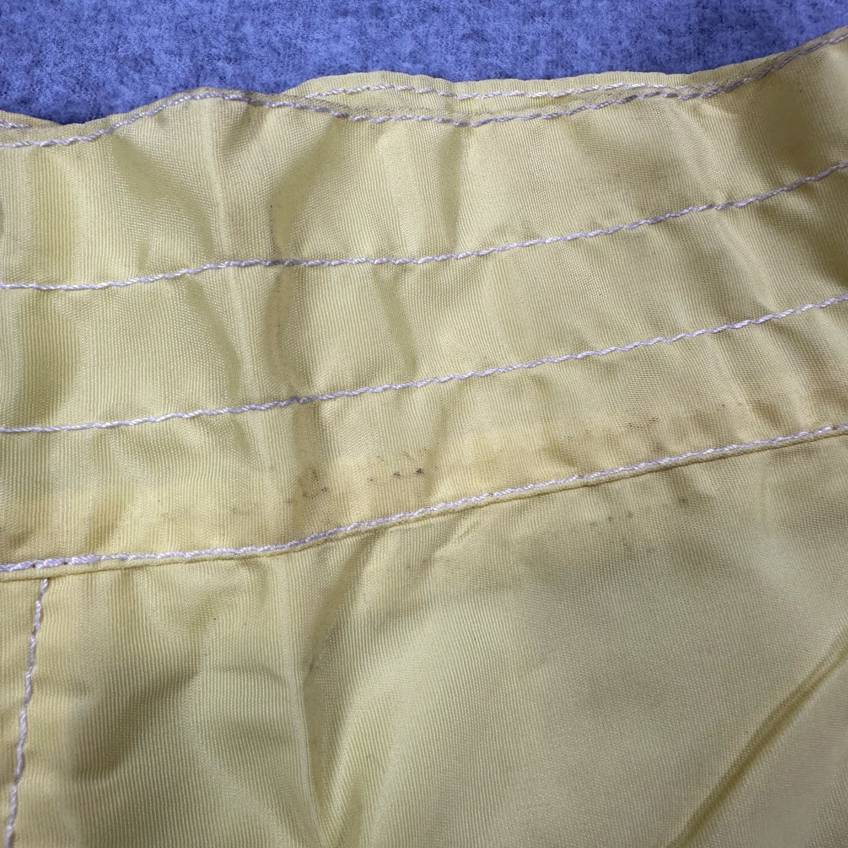Vintage VINTAGE Birdwell Beach Britches Board Shorts Mens 26 Yellow Blue Striped Quick Dry Nylon 100% Nylon Back Pocket Drawstring Retro Surfing Summer Size US 27 - 2 Thumbnail