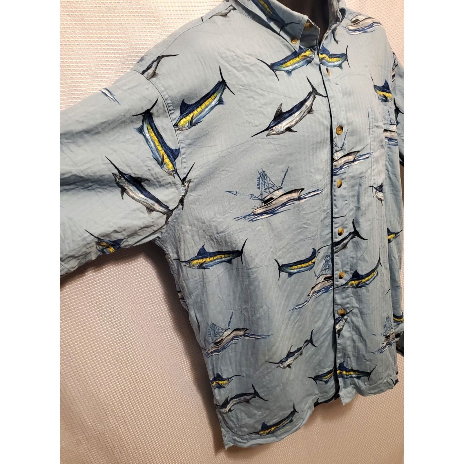 Vintage Hook and Tackle Mens XL Shirt Marlin Fishing Vacation Hawaiian Button-Up Blue Dad Grandpa Size US XL / EU 56 / 4 - 4 Thumbnail