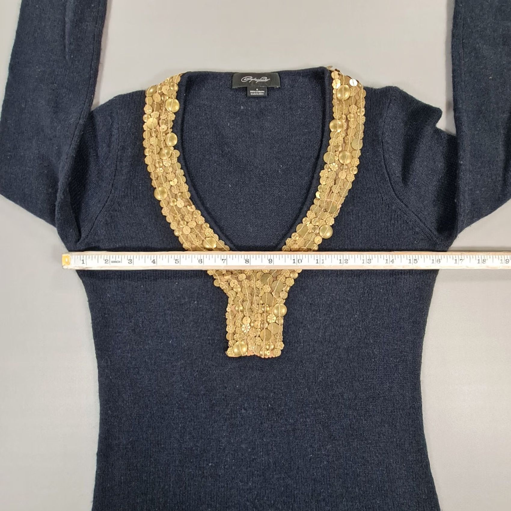 Vintage Christopher Fischef Jumper Womens V-Neck Long Sleeve 100% Cashmere Sequin Pullover Navy Blue S Size S / US 4 / IT 40 - 6 Thumbnail