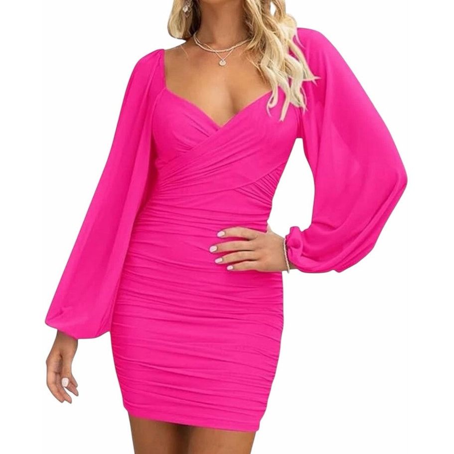 Other BTFBM Bright Pink Sexy Ruched Long Sleeve Bodycon Mini Dress Size S / US 4 / IT 40 - 2 Thumbnail