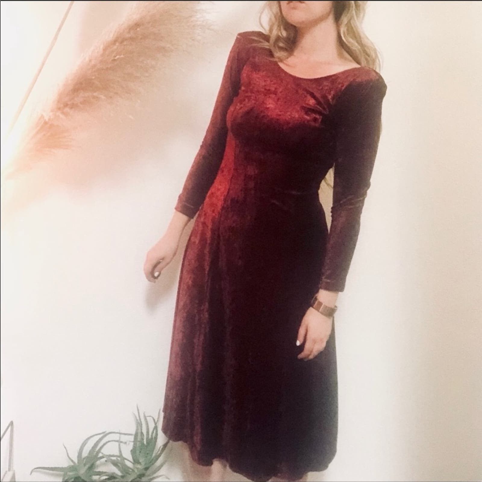 image of Vintage Maroon Burgundy Crushed Velvet Midi Rosette Dress in Red, Women's (Size Medium)