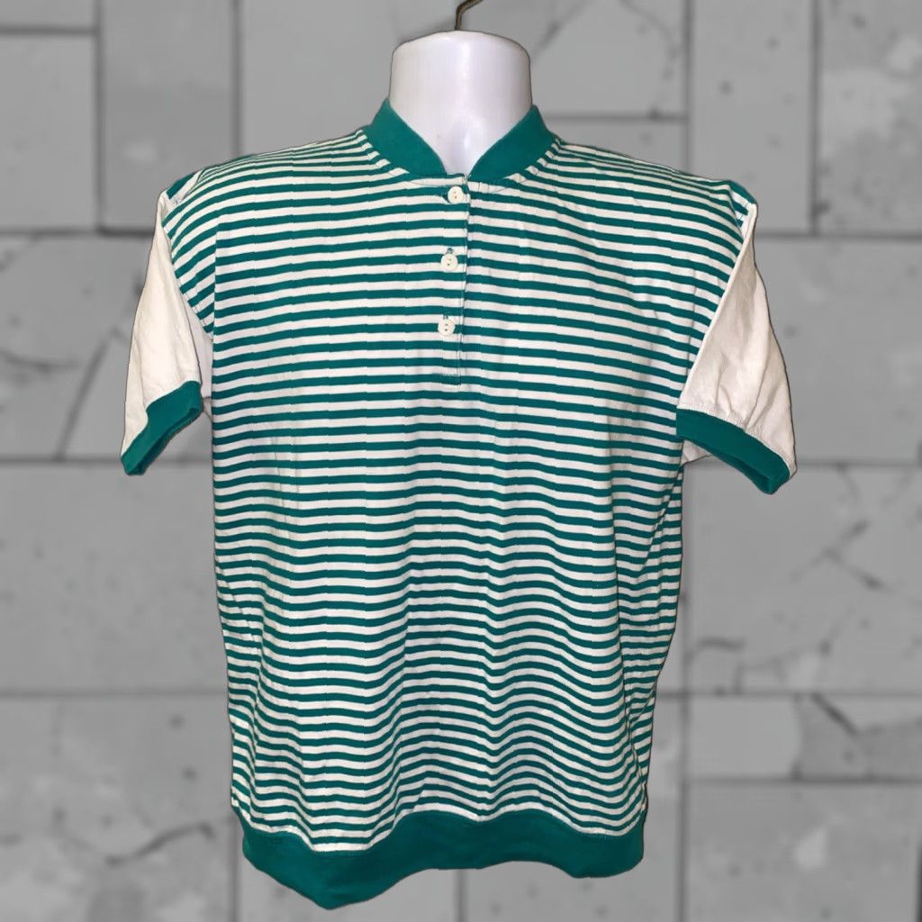 Vintage VINTAGE On Your Mark Men T-Shirt Short Sleeve Henley Cotton Green/White Striped Hip Hop Size L Size US L / EU 52-54 / 3 - 1 Thumbnail