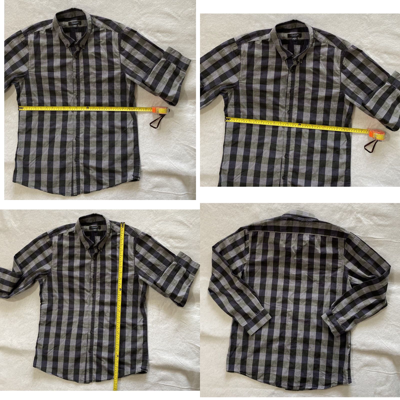 Vintage Structure Dress Shirt L Mens Regular Long Sleeve Gray Check Cotton Blend Size 42R - 8 Thumbnail