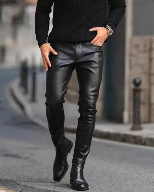 image of Leather Pants Skinny Fit Elastic Style in Black, Men's (Size 38)