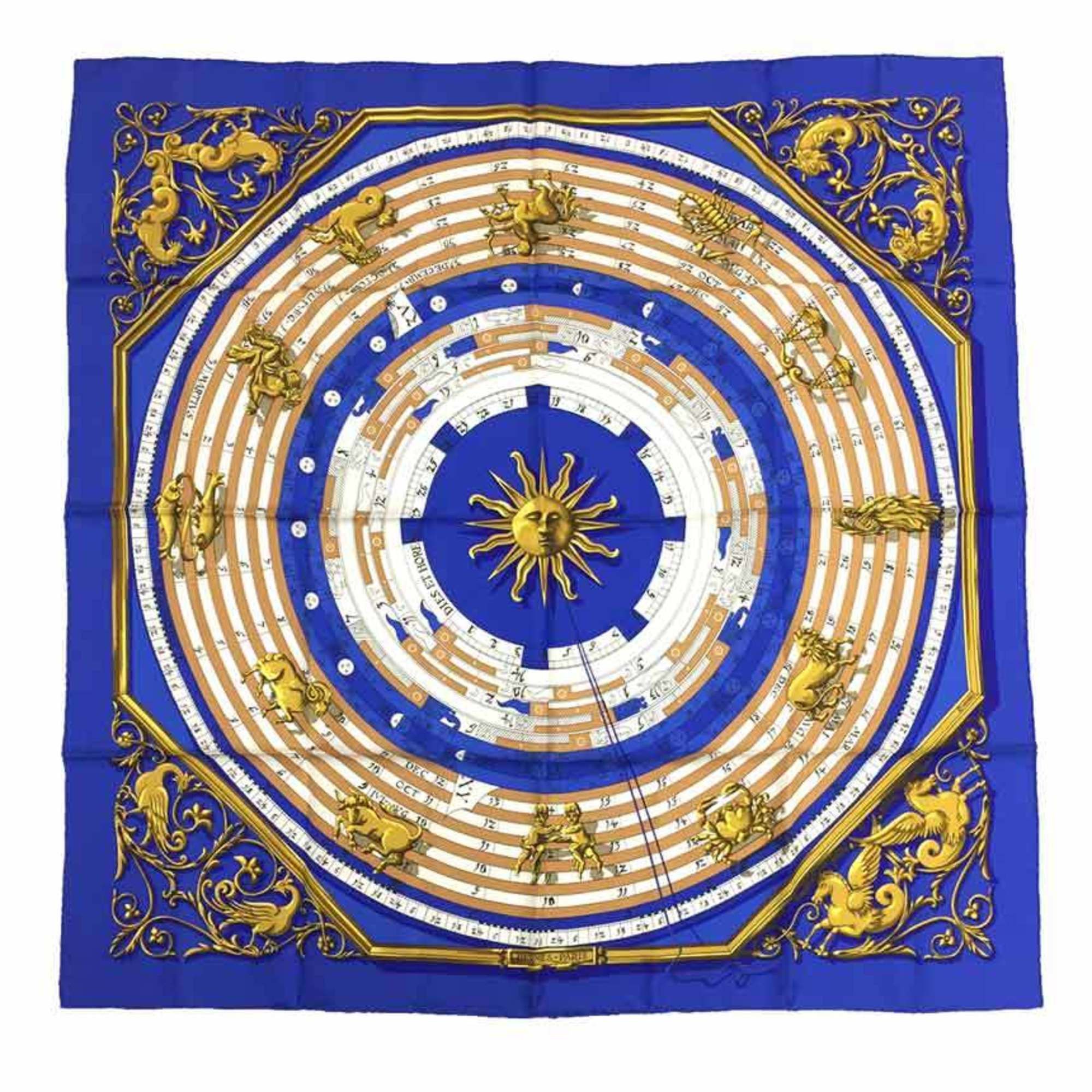 image of Hermes Scarf Muffler Carre 90 Dies Et Hore Astrology Constellation Pattern Horoscope Blue 100% Silk