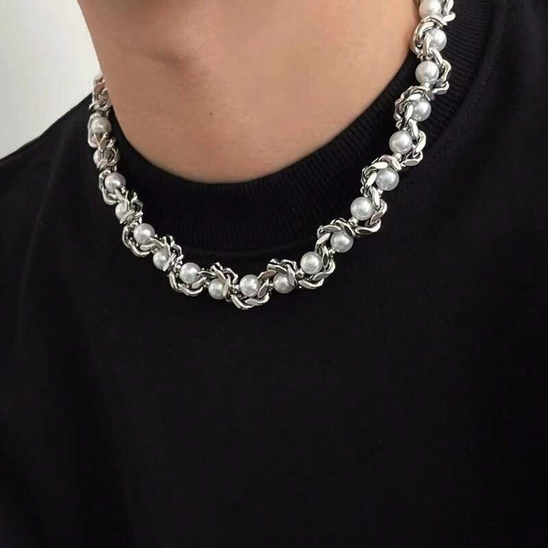 Jewelry x Vintage Pearl Y2K Necklace Chain in Silver, Men's