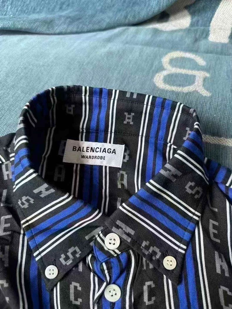 Balenciaga Balenciaga Black and blue striped shirt with full logo shir Size XS / US 0-2 / IT 36-38 - 3 Thumbnail