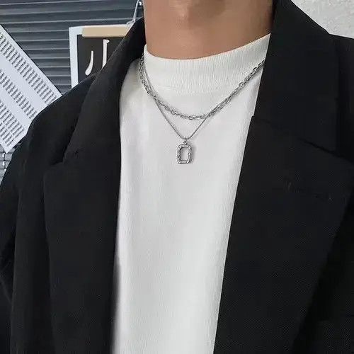 Jewelry Square Cutout Pendant Double Layer Clavicle Chain in Silver, Men's