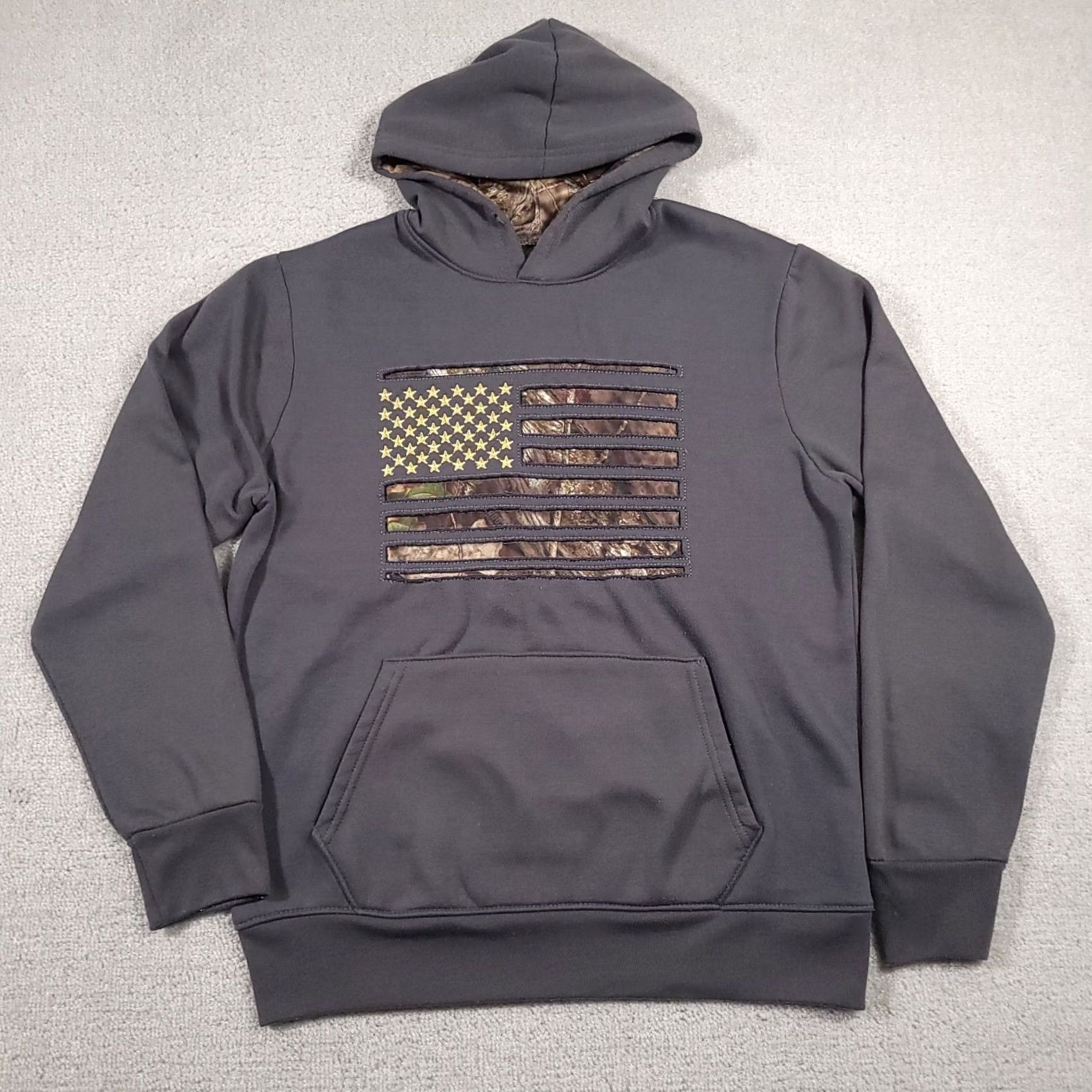 Vintage Mossy Oak Flag Hoodie Pullover Kangaroo Pockets Mens M Black/Gray Patriotic Shirt Size US M / EU 48-50 / 2 - 2 Thumbnail