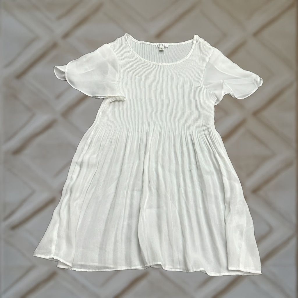 Vintage Spense White A-Line Dress Womens M Knee Length Tulip Sleeve Pleated (Lightweight) Polyester Solid Short Sleeve Size 32" / US 10 / IT 46 - 1 Thumbnail