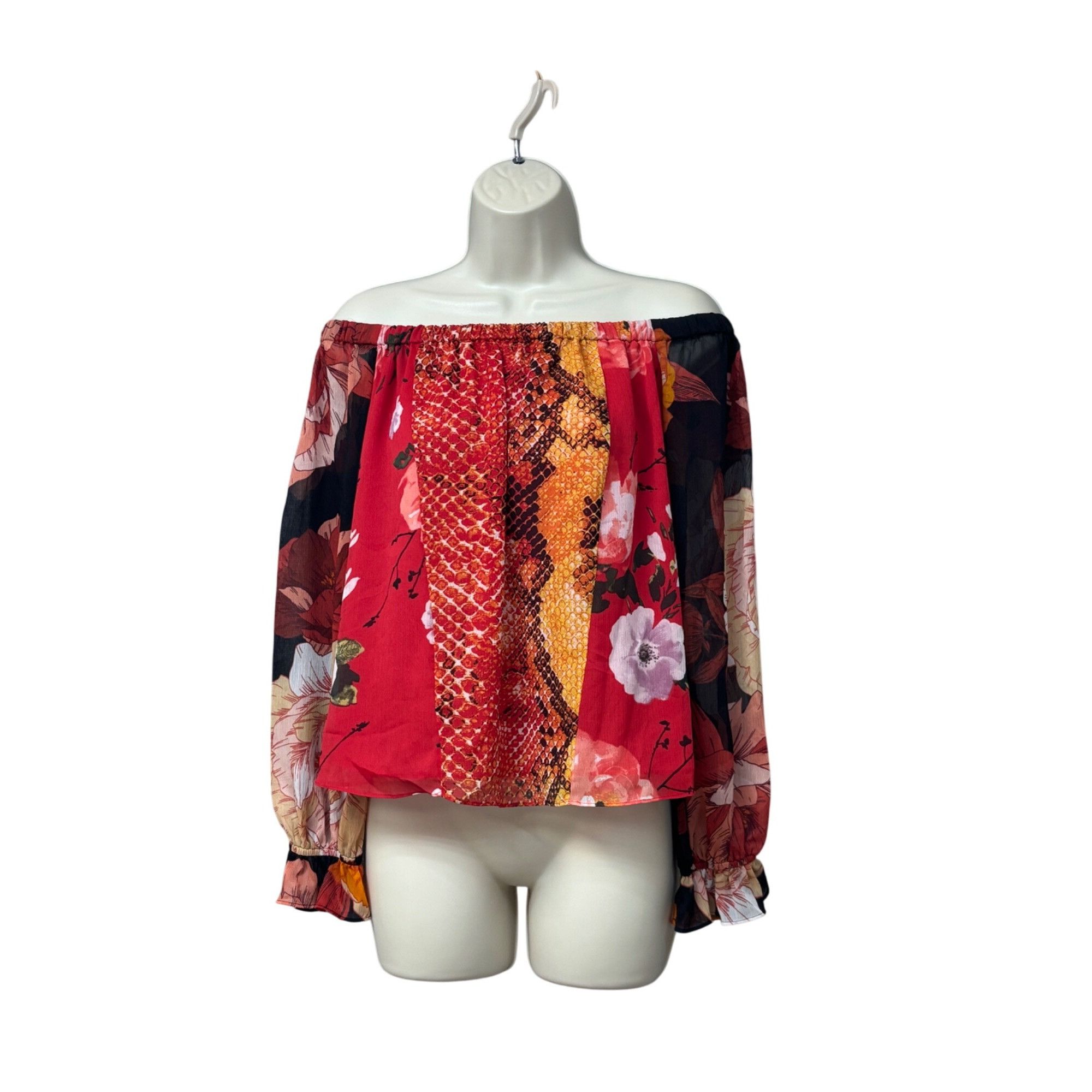 Guess GUESS Pamelia Chiffon Off-The-Shoulder Top, Red-multi, Sz. S Size S / US 4 / IT 40 - 12 Thumbnail