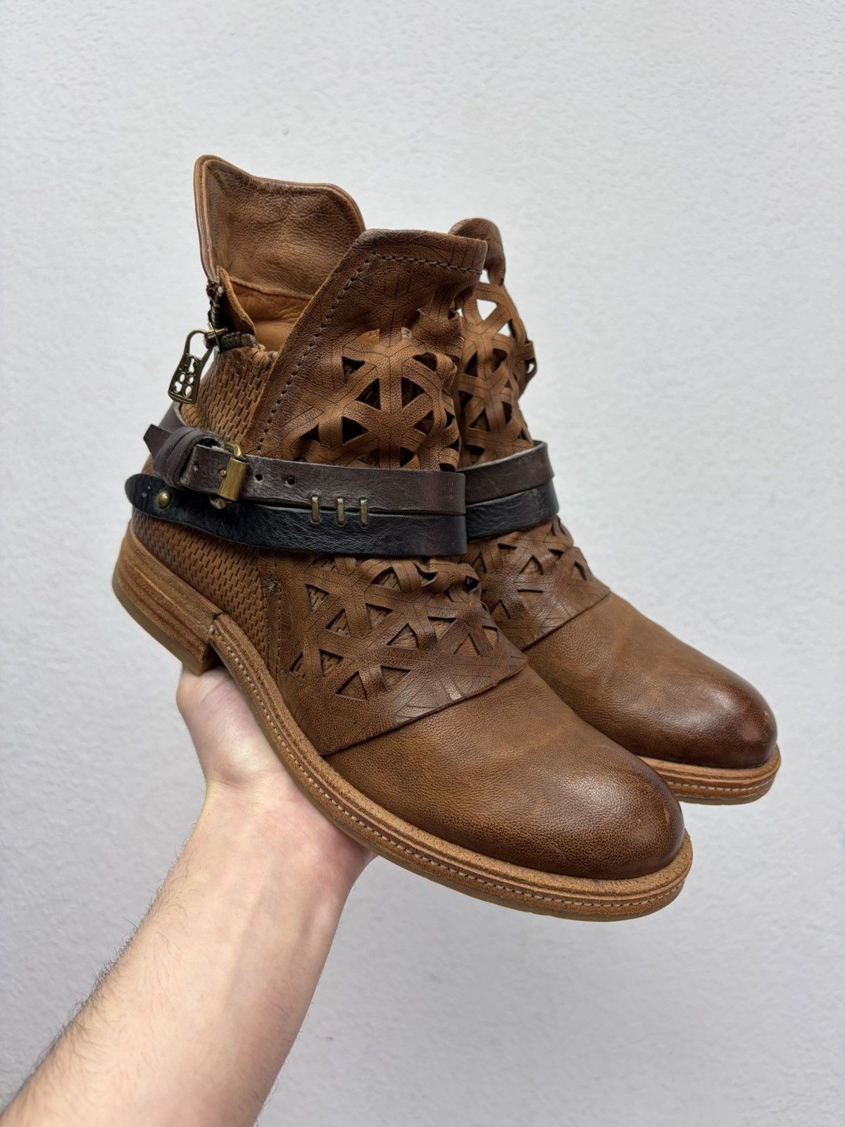 If Six Was Nine Brown Leather Studded Harness Boots Multi-Strap Biker Boots Size US 8 / IT 38 - 3 Thumbnail