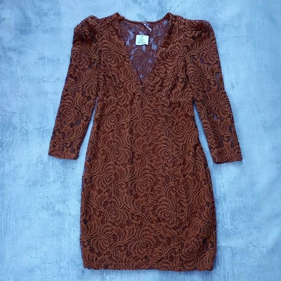 image of Free People Bronze Crochet Knit Dress in Brown, Women's (Size XS)