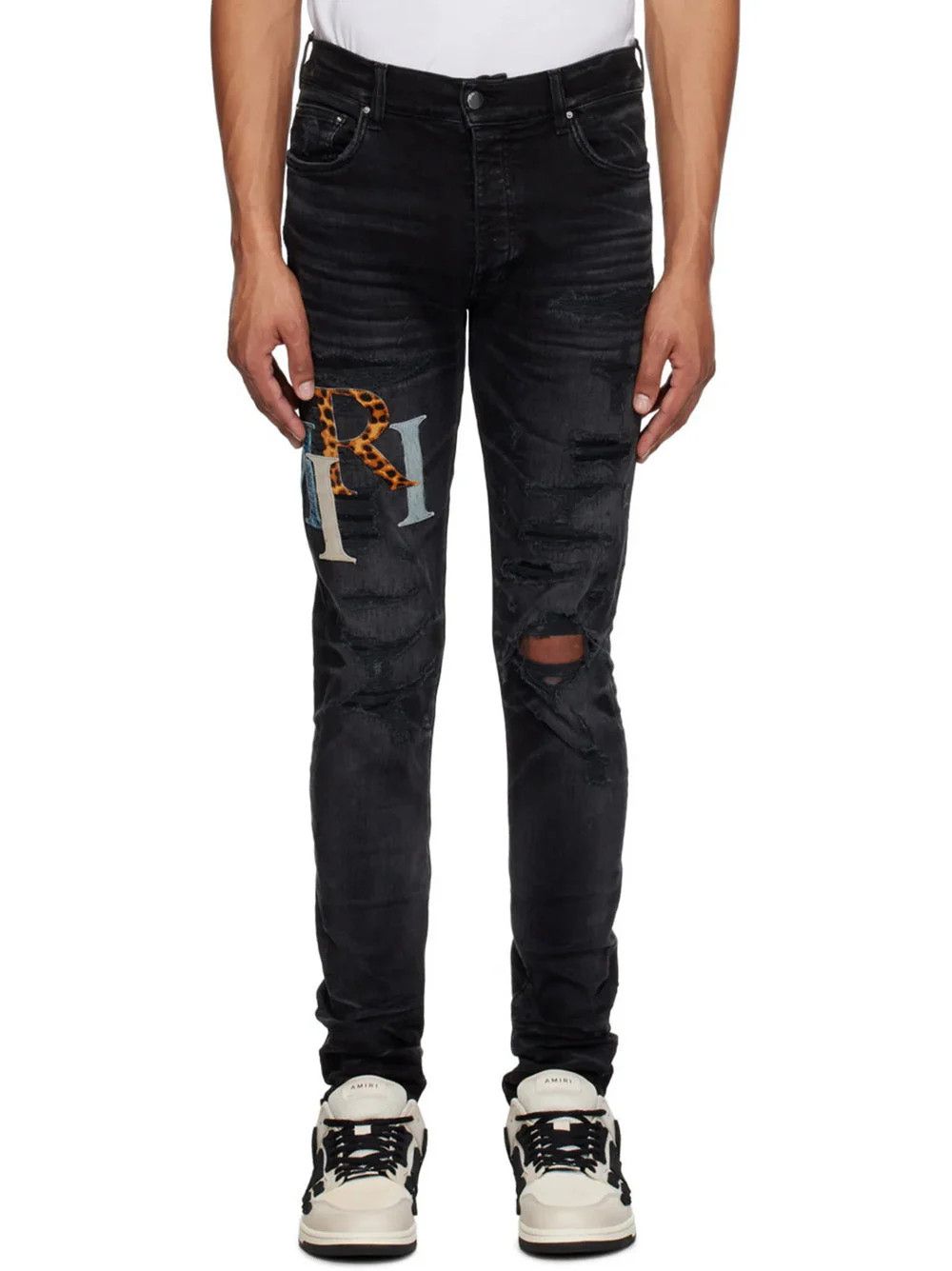 o1mle0925 Leather Staggered Logo Jeans in Faded Black