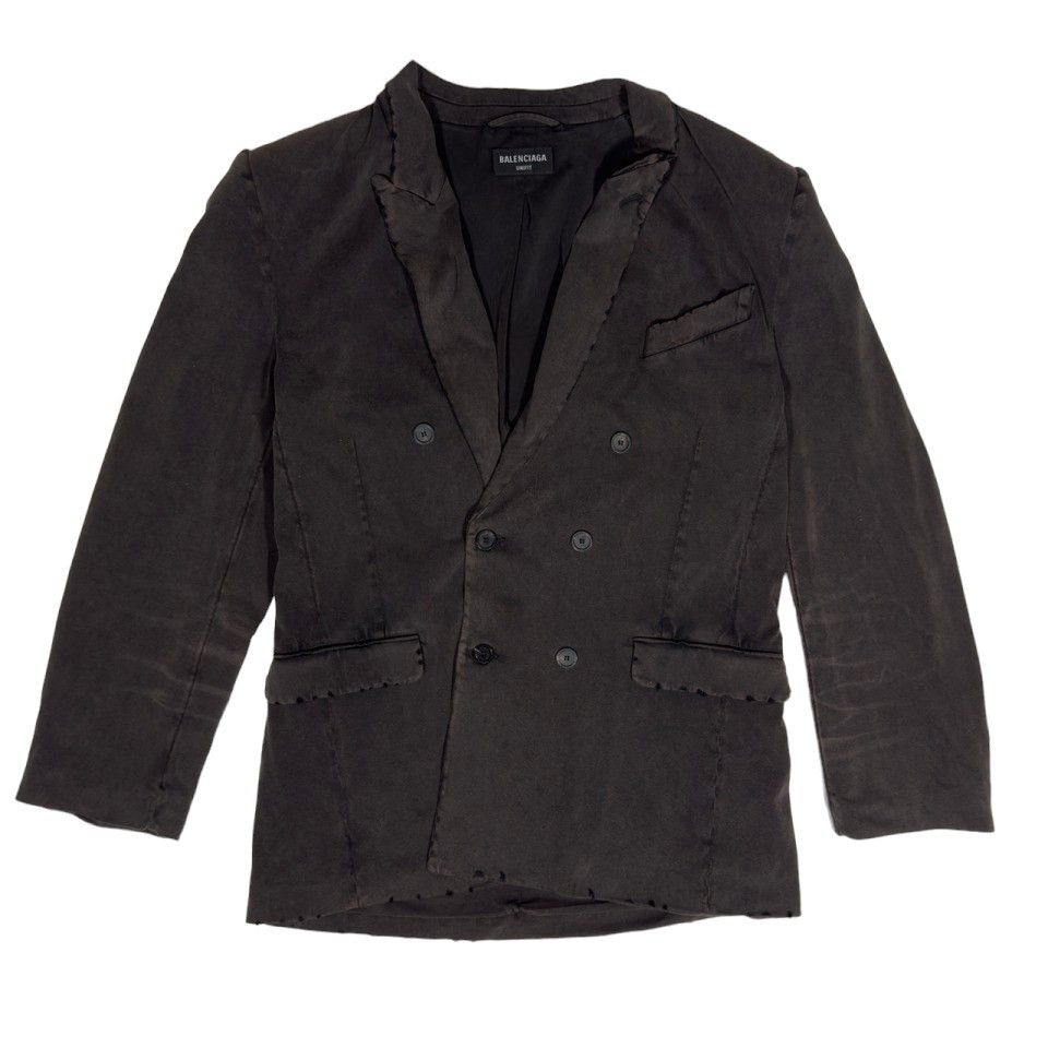 image of Balenciaga Fw21 'worn Out' Distressed Db Suit Jacket in Mud Grey, Men's (Size 38L)