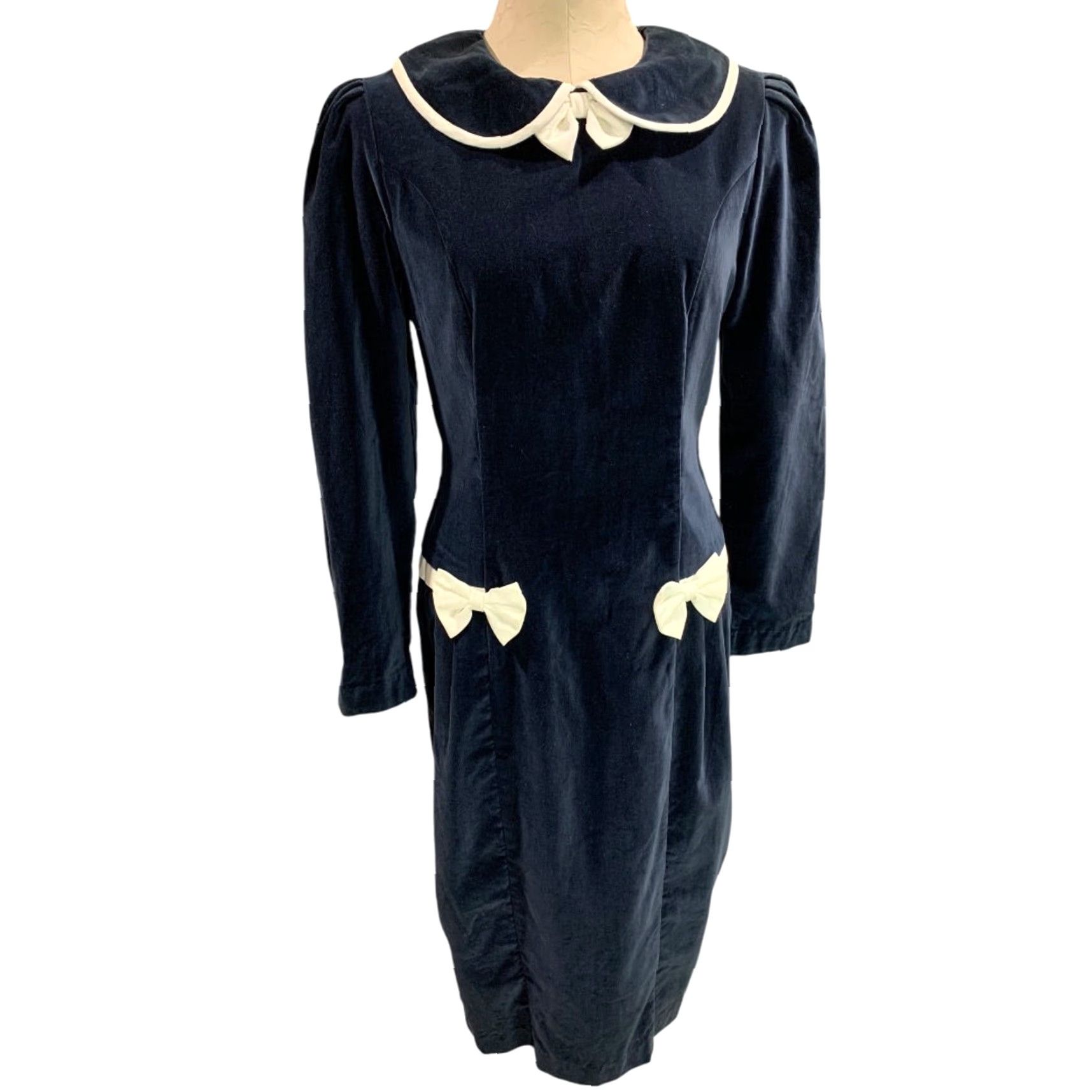 Velvet VINTAGE 1960s Velvet Dress Navy Blue Ivory Box Trim Midi Women M Navy Box Velvet Dress 1960s Womens M Size M / US 6-8 / IT 42-44 - 3 Thumbnail