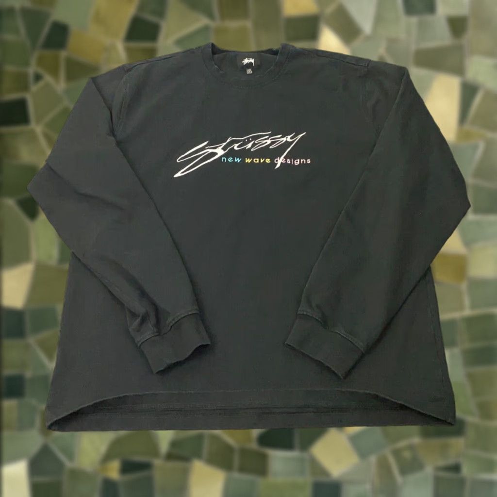 VINTAGE Stussy Crew Sweatshirt Mens XXL Black Fleece Long Sleeve Art Nature