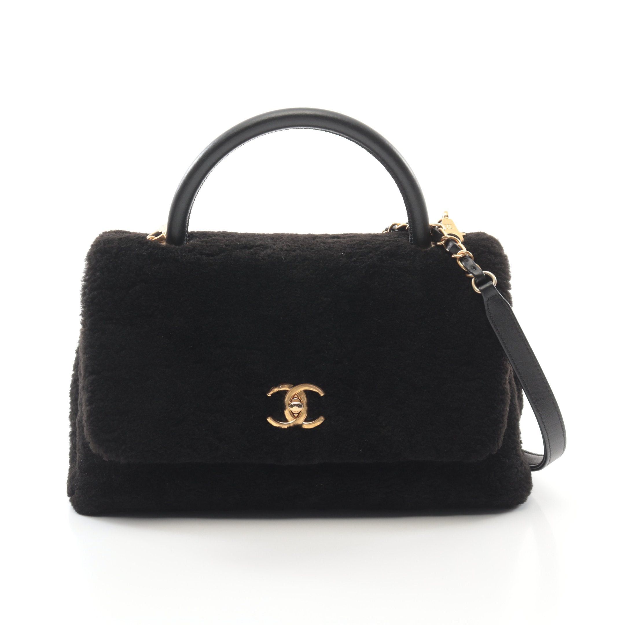 Chanel Coco Handle Top Flap Bag Matelasse Handbag Mouton Black Gold Hardware