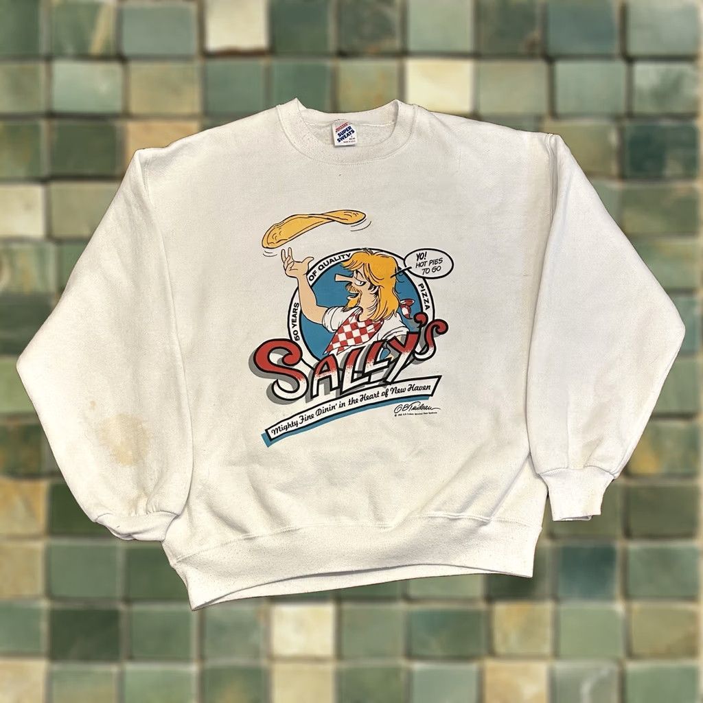 Jerzees VINTAGE Sally’s Apizza Sweatshirt 1988 Original CT 50th Anniversary Fits M White Size US M / EU 48-50 / 2 - 1 Thumbnail