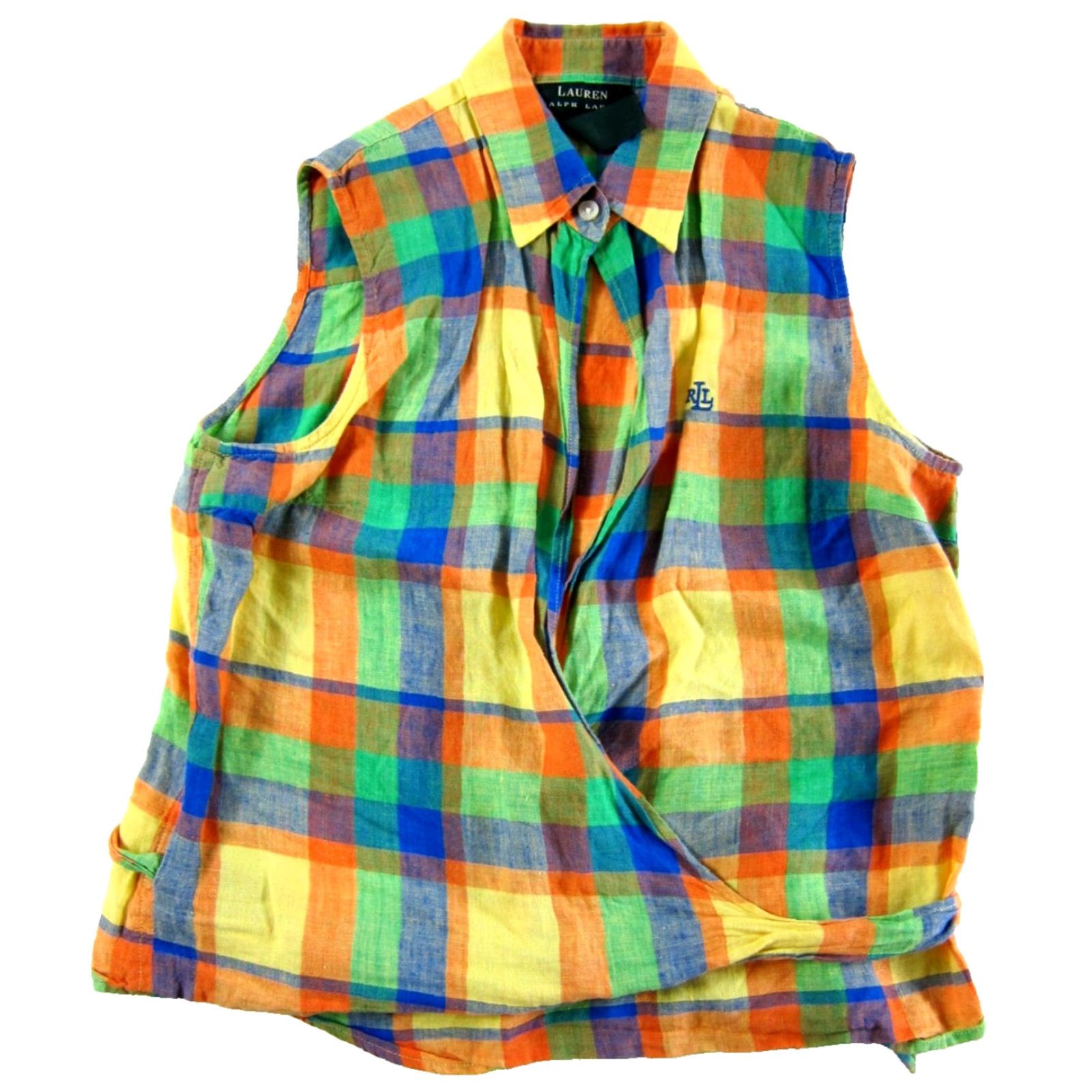 Ralph Lauren VINTAGE Lauren Ralph Lauren Green Label Blouse Shirt Sleeveless Linen Plaid Wrap Belted 4 Green Size S / US 4 / IT 40 - 2 Thumbnail