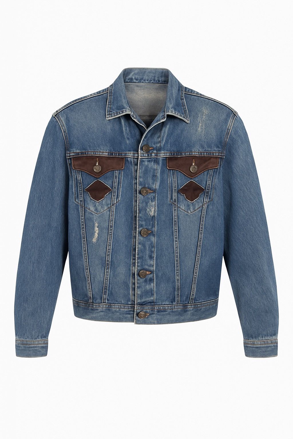 Vintage Distressed Denim Jacket with Western Pocket Trim