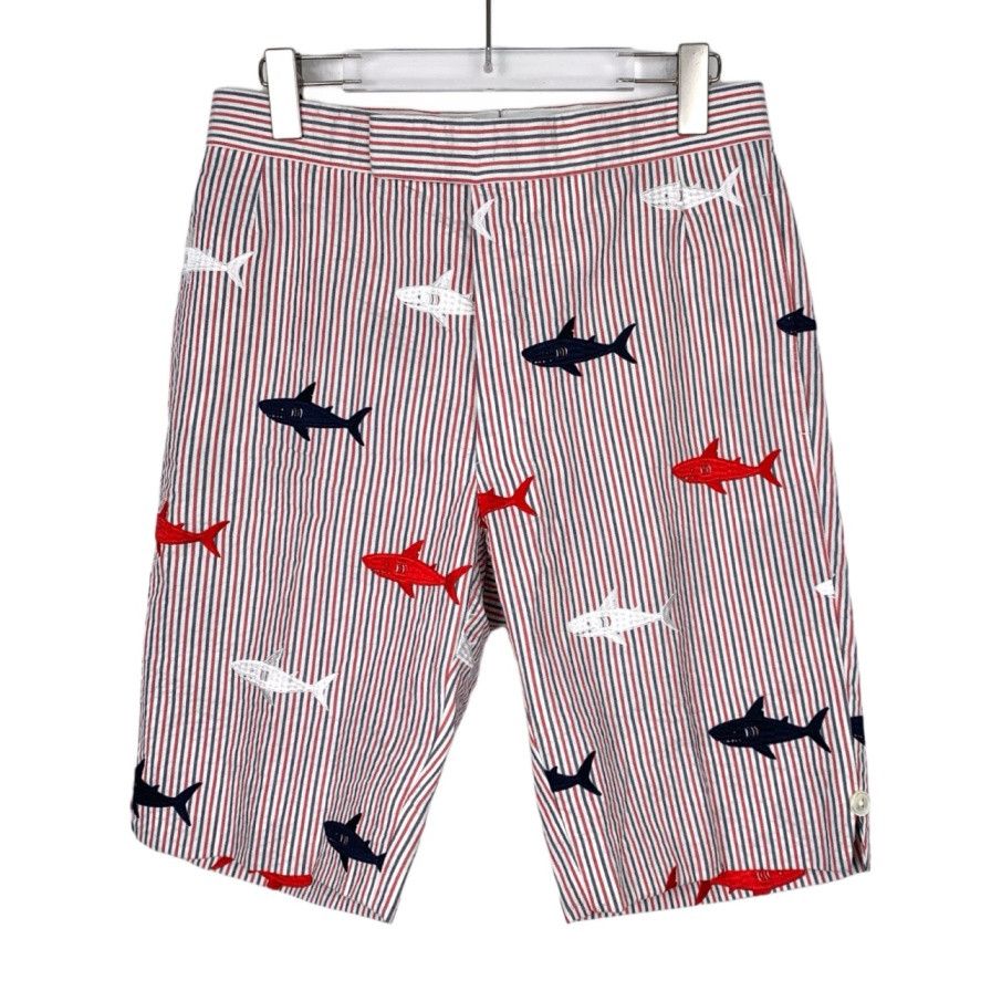 Thom Browne Thom Browne Shark Embroidery Seersucker Striped Shorts Size US 36 / EU 52 - 1 Thumbnail