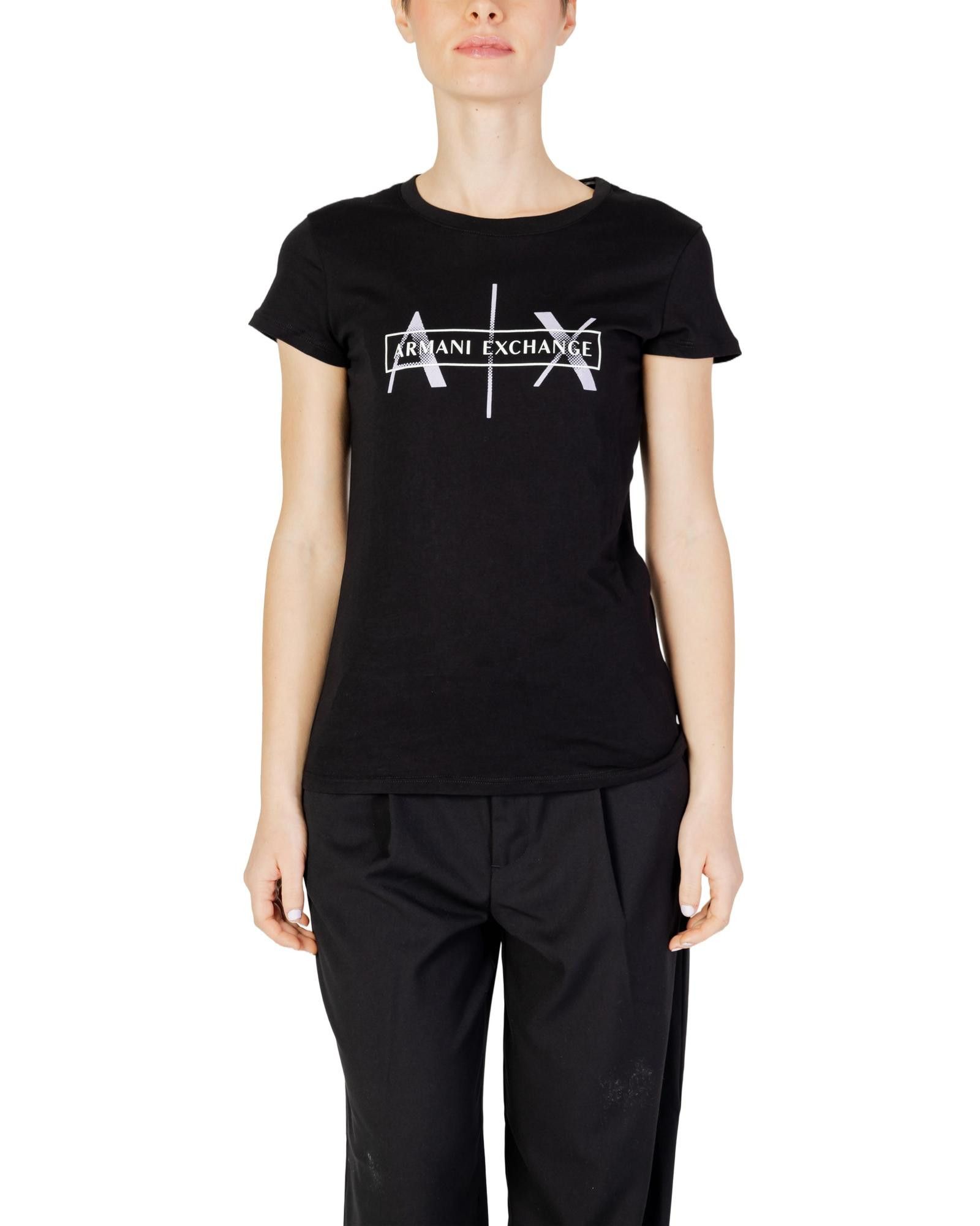 image of Armani Exchange Print Round Neck T-Shirt in Black, Women's (Size XL)