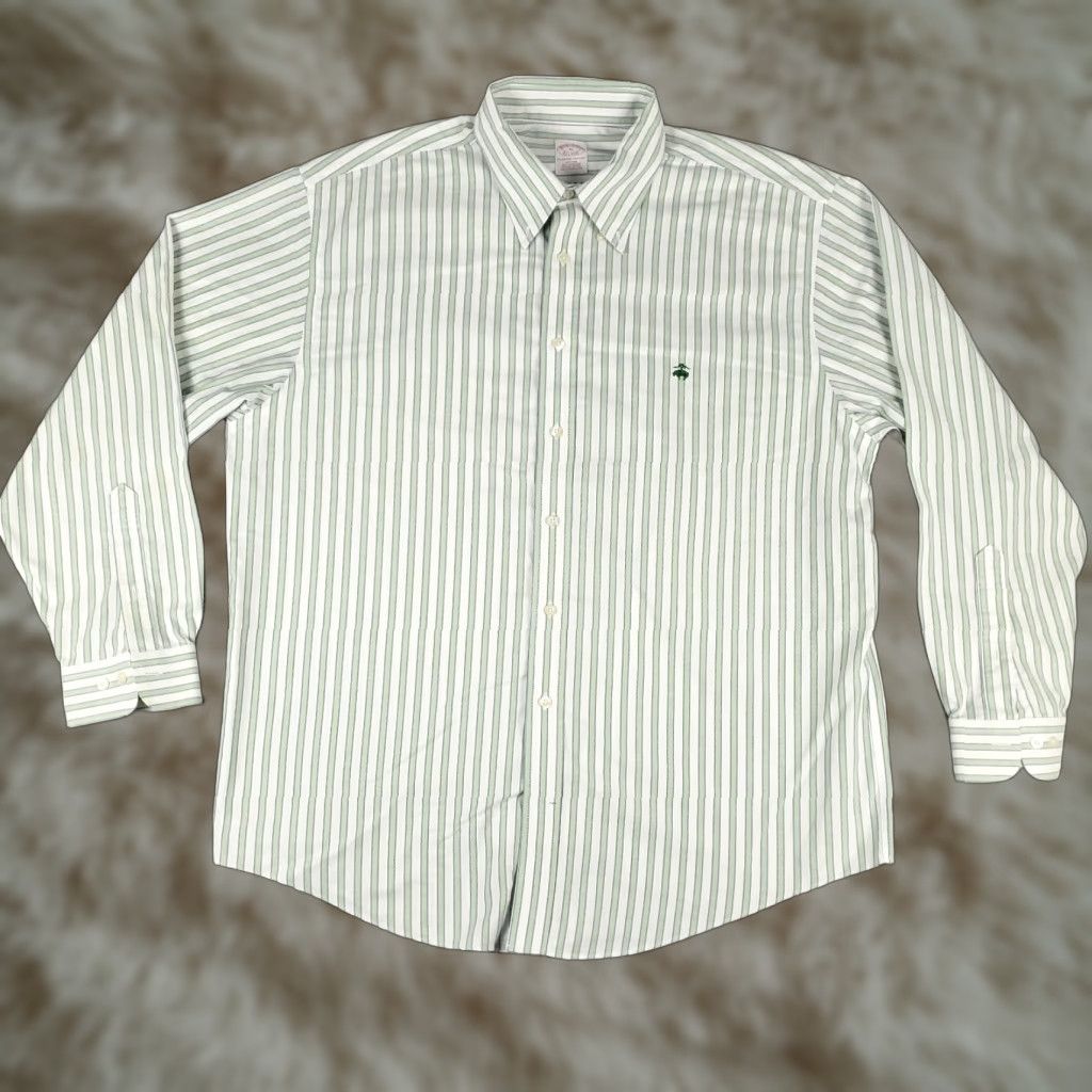 Brooks Brothers BROOKS BROTHERS Shirt XL Green Striped Button-Up Long Sleeve Cotton Woven Collared Stained Classic Preppy Mens Size US XL / EU 56 / 4 - 1 Thumbnail