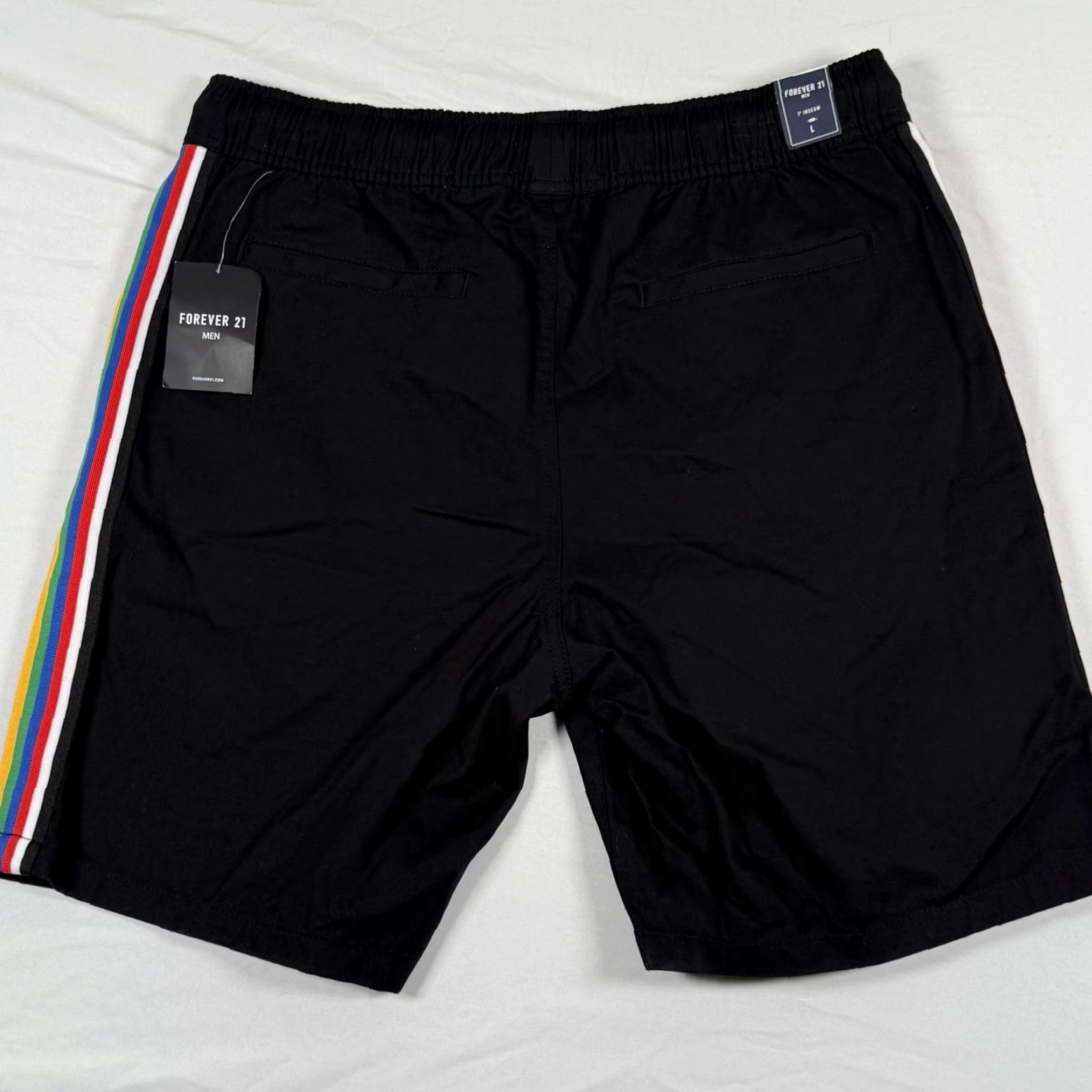 Forever 21 Forever 21 Shorts Mens Large Black Rainbow Stripe Chino Elastic Waist Drawstring Size US 33 - 2 Thumbnail
