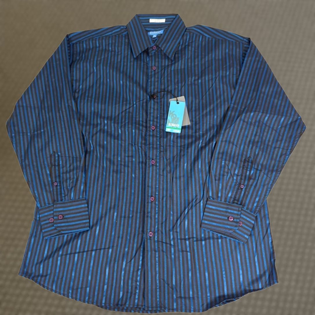 Vintage Koman Shirt Mens XL Navy Blue Striped Button-Up Long Sleeve Casual Formal NEW Size 46R - 1 Thumbnail