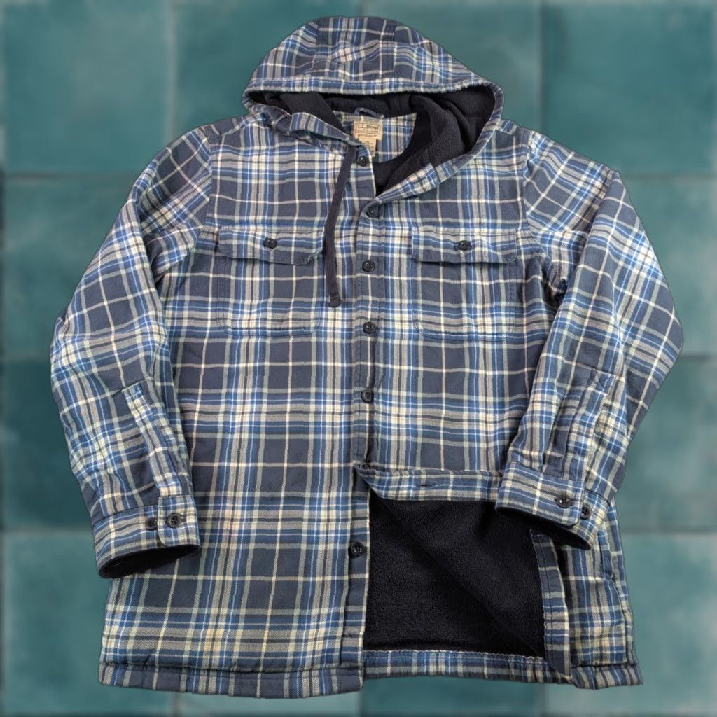 Vintage L.L. Bean Fleece Lined Flannel Hooded Jacket Mens M Blue Plaid Button Up Shacket Size US M / EU 48-50 / 2 - 1 Thumbnail
