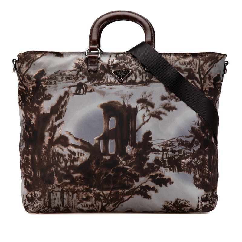 Prada Prada Nylon Leather Triangle Logo Landscape Pattern 2Way Bag Bn2044 Leather Shoulder Bag Bn2044 in Brown, Women's