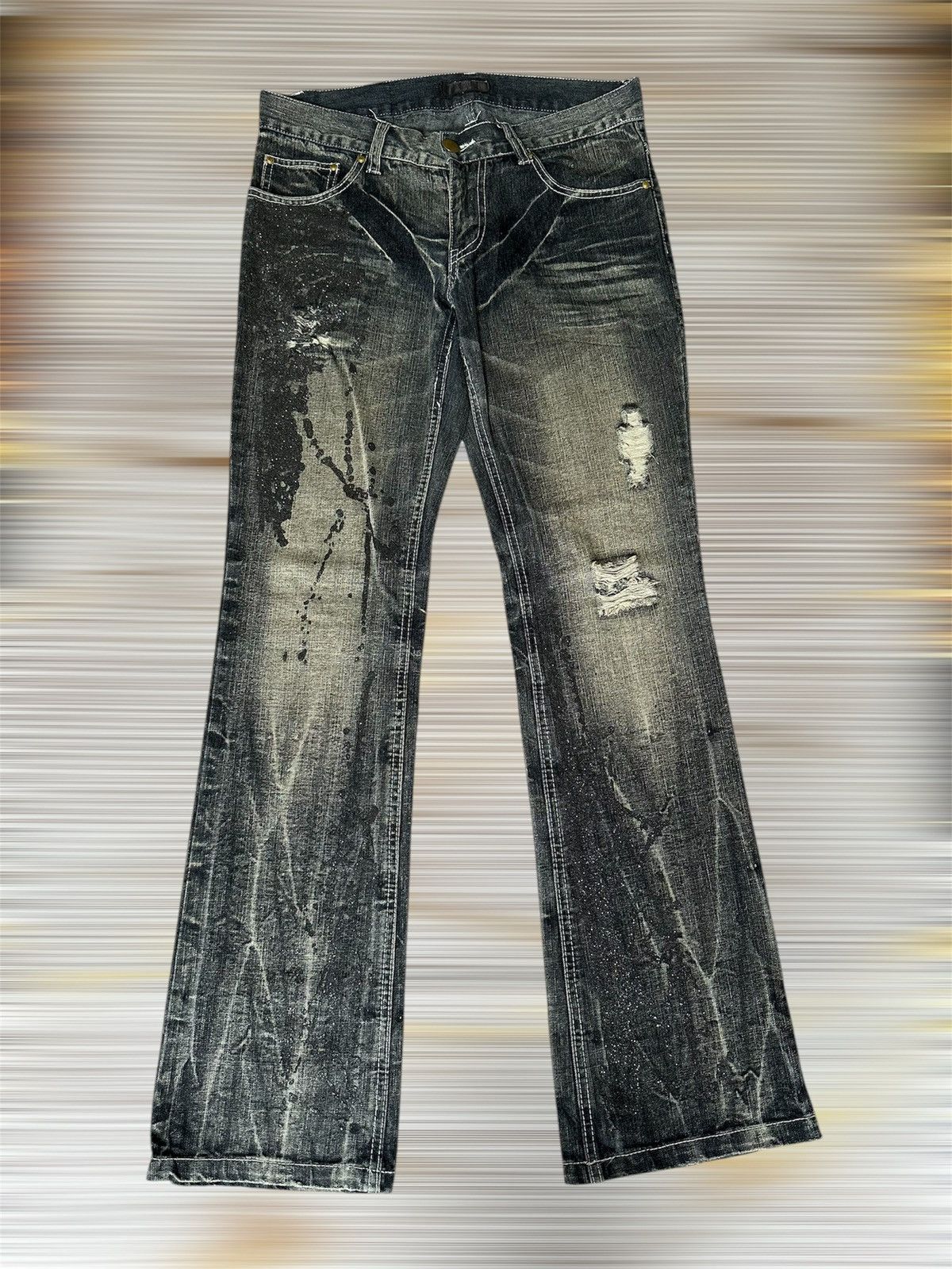 Tornado Mart FLARE Black Barcara Distressed Claw Marks Design Denim Size US 32 / EU 48 - 1 Thumbnail