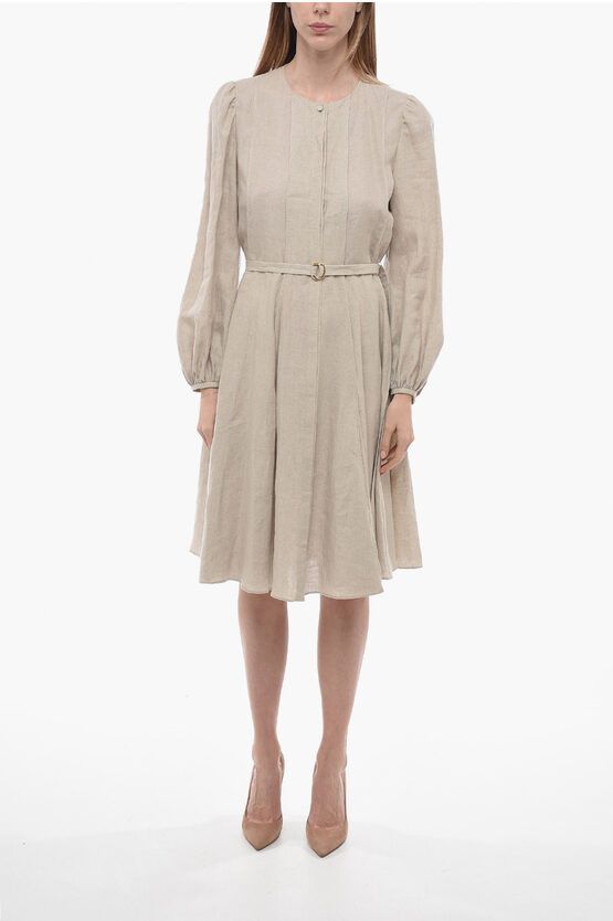 image of Chloe Linen Flared Shirt Dress With Hidden Buttoning in Beige, Women's (Size Medium)