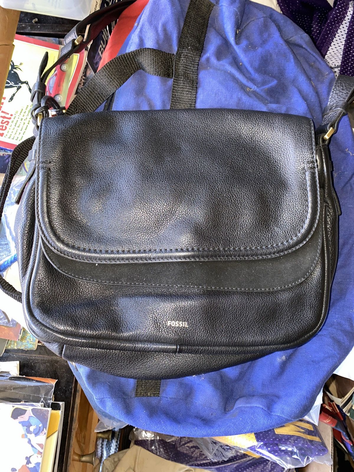 BLACK LEATHER Fossil PEYTON L DOUBLE FLAP CROSSBODY Purse