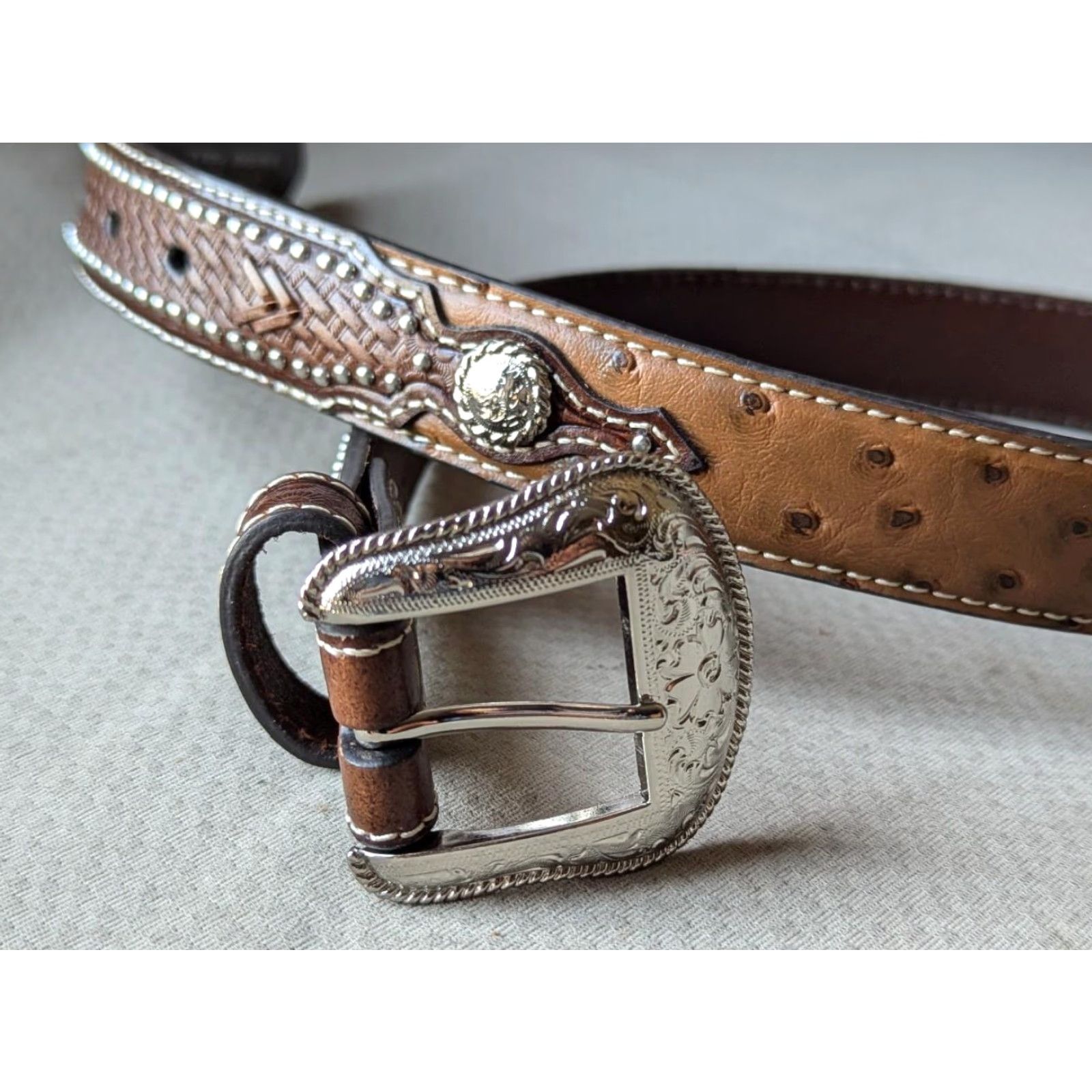 Vintage VINTAGE Nocona belt OSTRICH brown 28 buckle western belt CONCHO leather 1-1/4" woven Southwestern (adjusted to maintain original words and rules) Size 28 - 2 Thumbnail