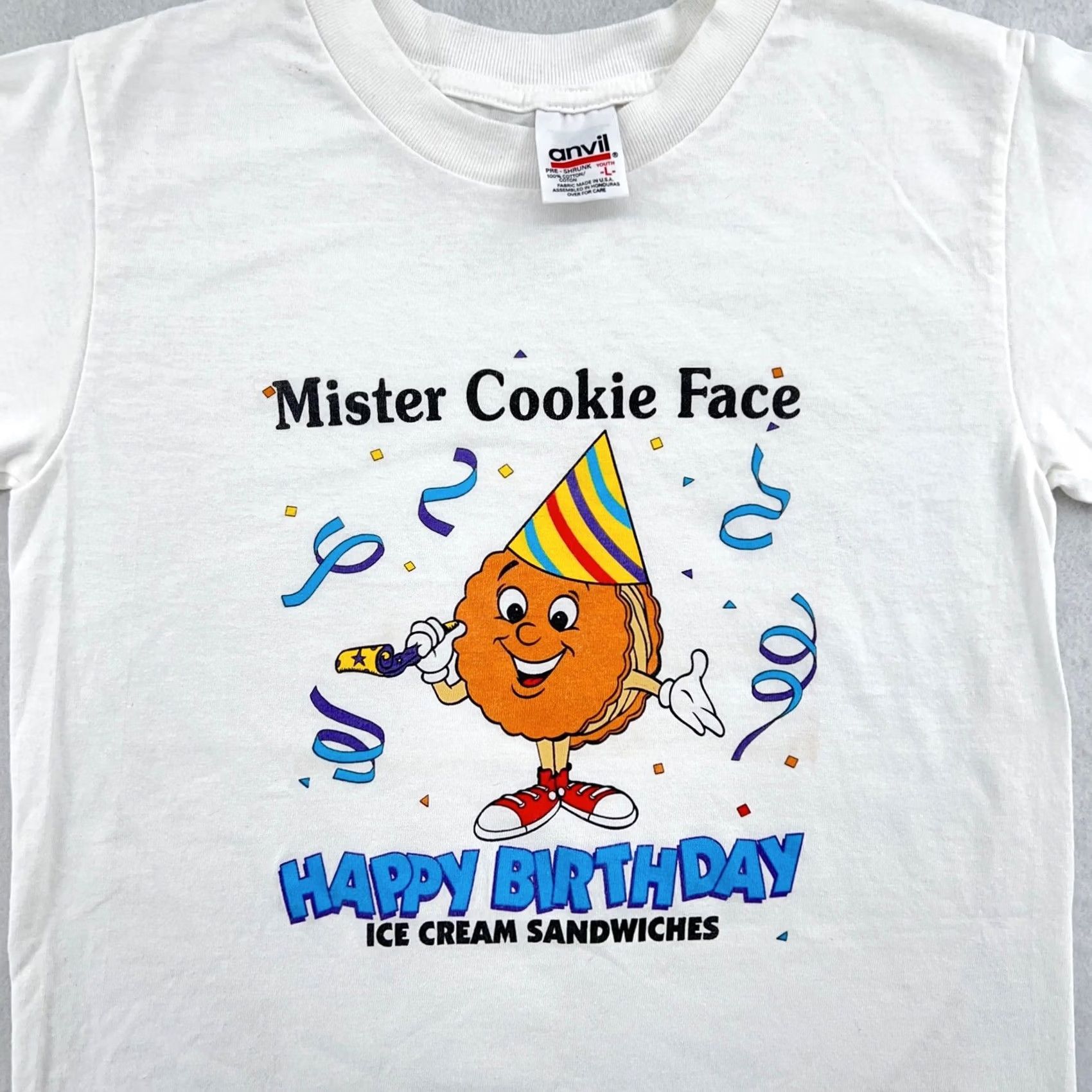 Anvil MISTER COOKIE FACE HAPPY BIRTHDAY ICE CREAM SANDWICHES T-Shirt XS Vintage 90s Nike Mens White Cotton Anvil Shirt Short Sleeve 1990s 80s 90s Size US XS / EU 42 / 0 - 3 Thumbnail