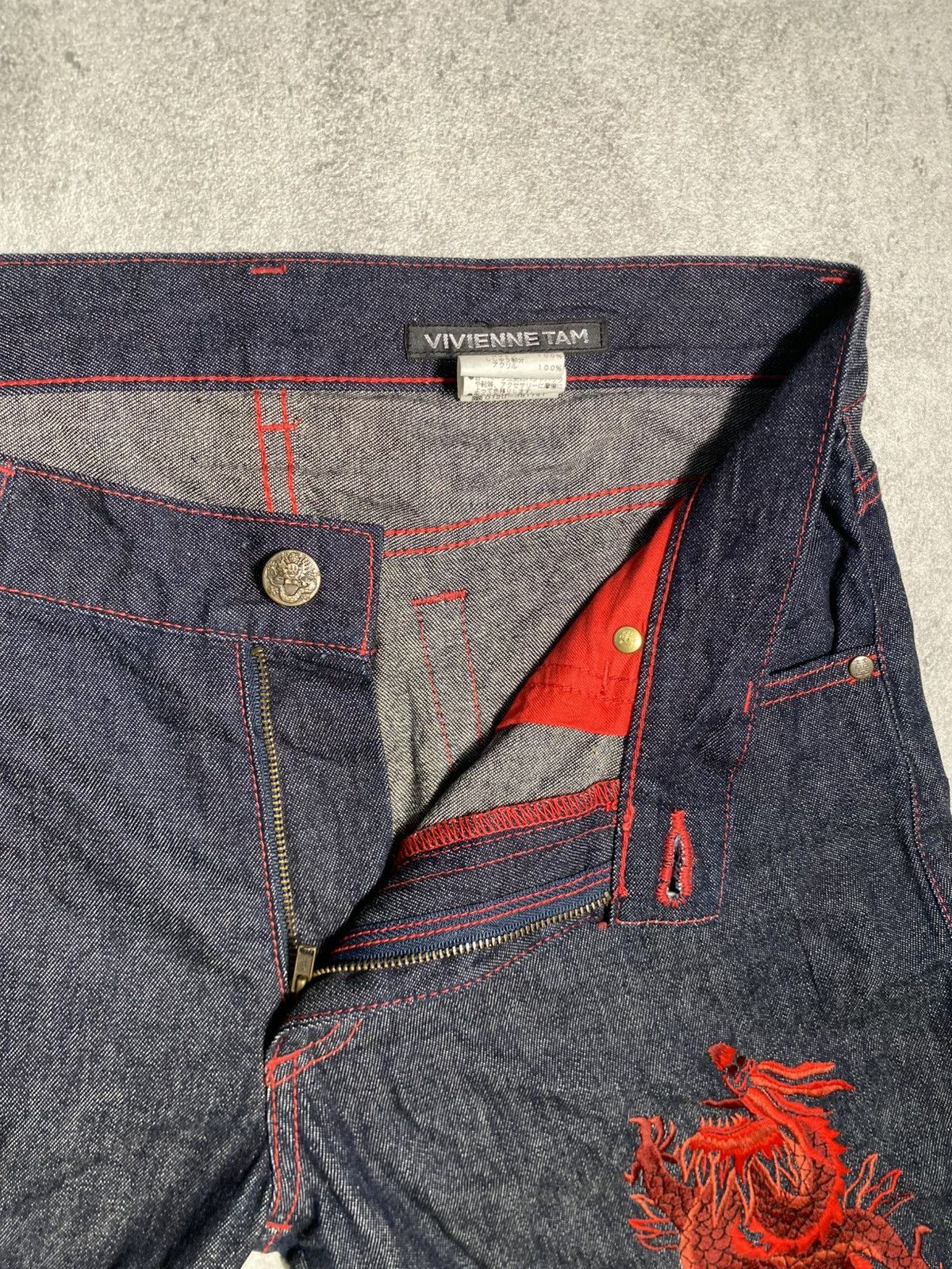 Japanese Brand × Le Grande Bleu (L.G.B.) × Vivienne Tam Vintage Vivienne Tam Dragon embroidered denim pants Size 31" - 4 Thumbnail