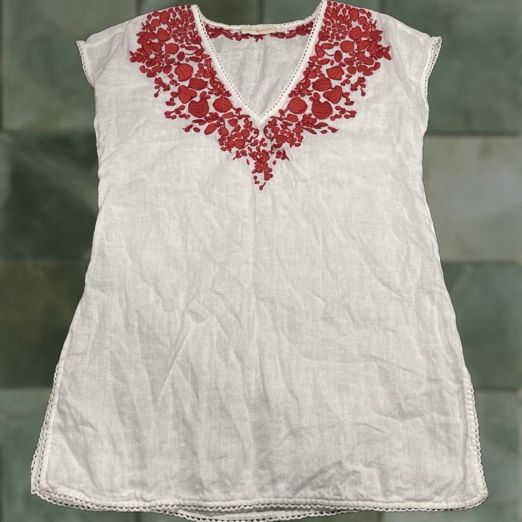 Tory Burch Tory Burch Issy Embroidered Linen Tunic Top Cover Up Scallop Trim Red Details Cream PS Petites Womens Size S/P Size S / US 4 / IT 40 - 1 Thumbnail
