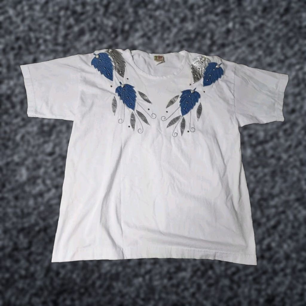 Denime VINTAGE Cactus USA Western T-Shirt Denim Leaves Embellished 1980s White Cotton Blend L Women’s Size L / US 10 / IT 46 - 1 Thumbnail