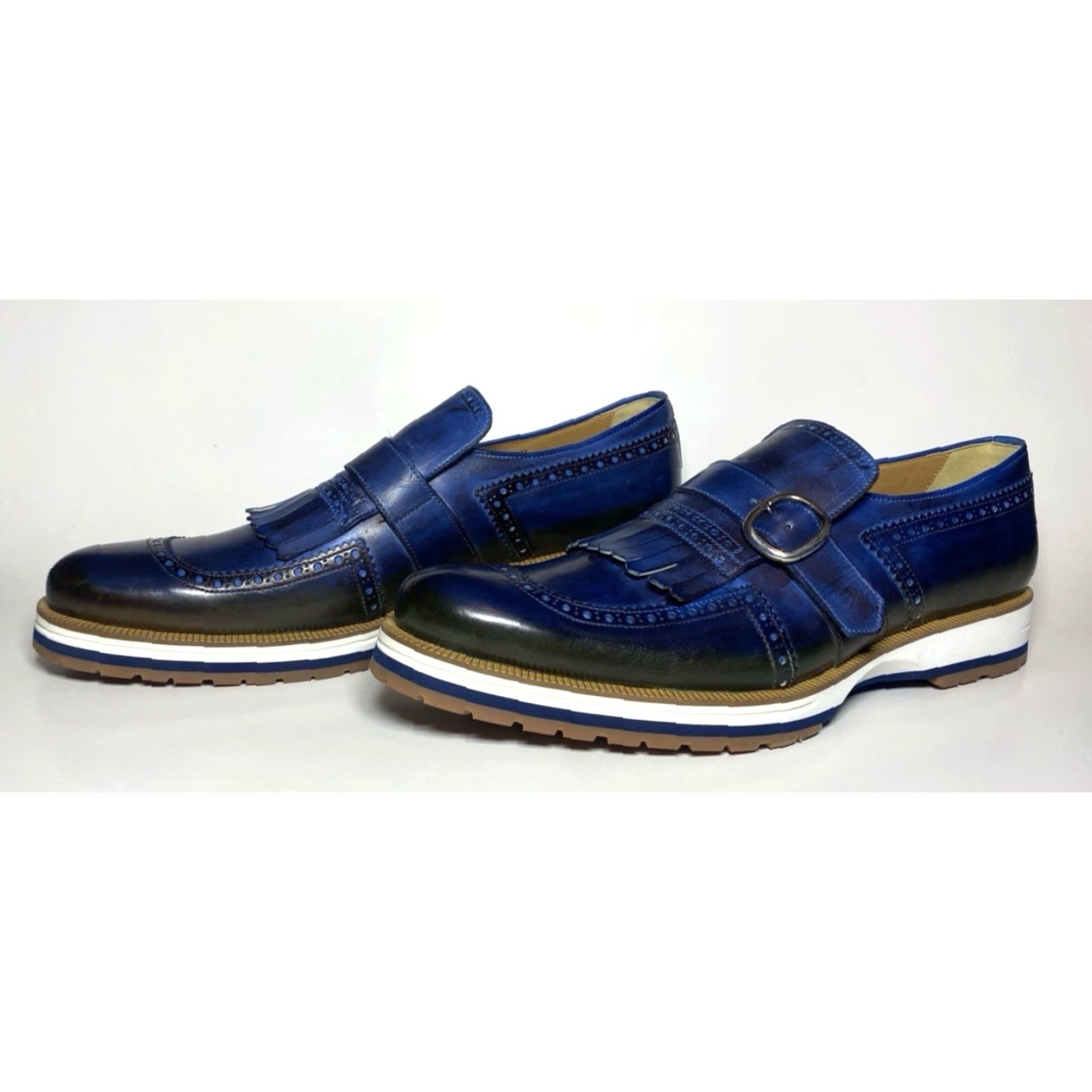 Vintage Francesco Benigno Canto de' Ricci Firenze Italy Men's Monk Strap Leather Loafers Dress Slip On Sz 11 Blue UK 10 Leatheroutsole Rubber Size US 10 / EU 43 - 5 Thumbnail