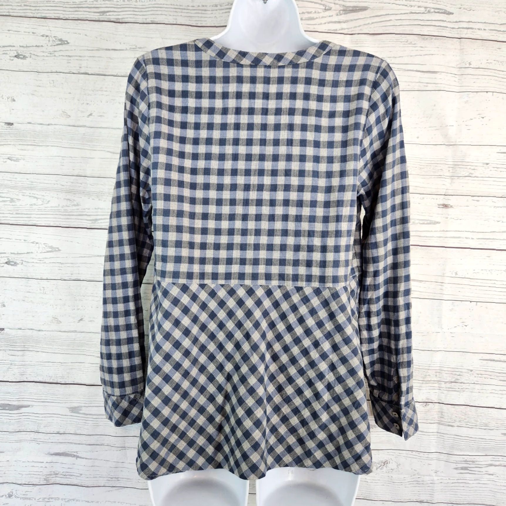 J. Jill J Jill Womens Top XS Gray Blue Checkered Long Sleeve Cotton Blend Blouse Size XS / US 0-2 / IT 36-38 - 3 Thumbnail