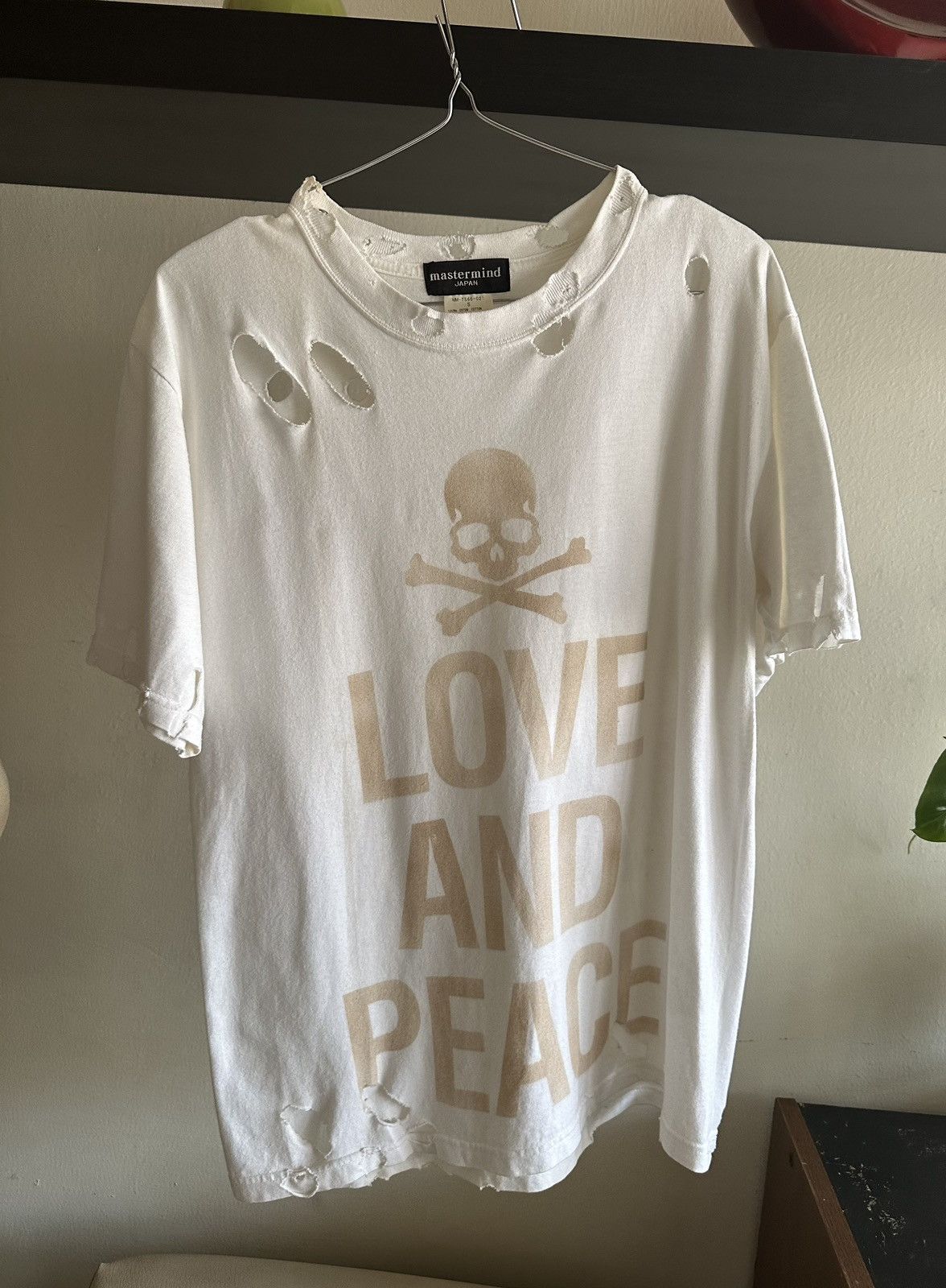 image of Mastermind Japan Love & Peace Thrashed Tshirt in Off White, Men's (Size Small)