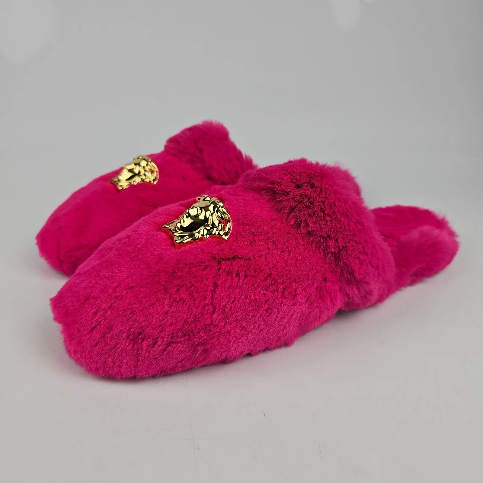 Versace Pink Medusa Fur Slippers New