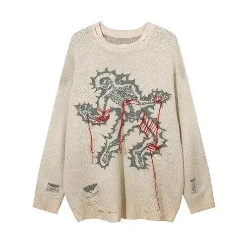 Skull print sweater knitted oversize pullover with holes
