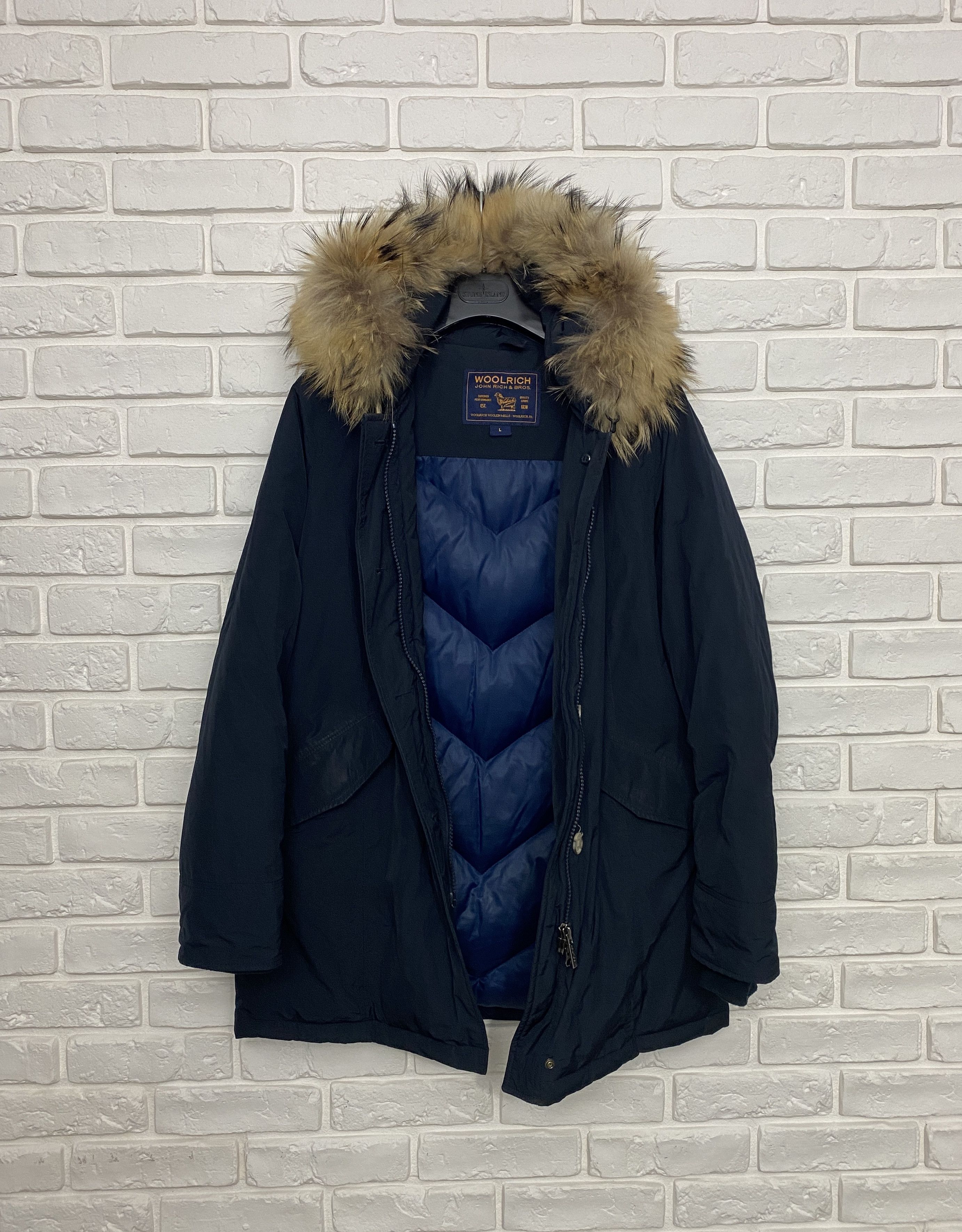 image of Woolrich John Rich Bros Woolrich Ramar Cloth Down Parka Hooded Jacket Fur Size L in Dark Navy, Wome